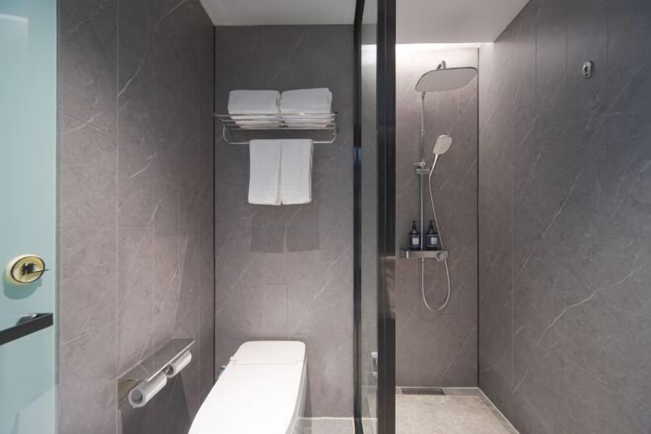 A modern bathroom with a glass shower enclosure, a towel rack, and a toilet paper holder.