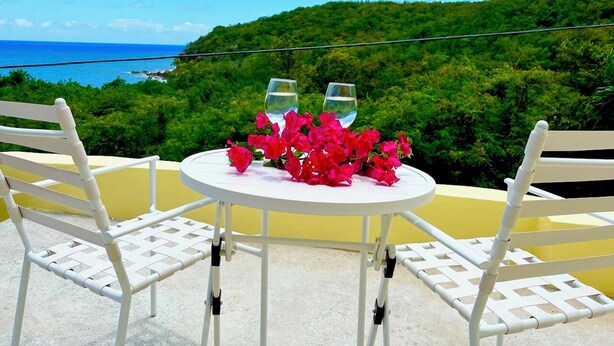 A round table with two white chairs, a vase of red flowers, and two wine glasses. The table is set against a backdrop of a lush green hillside and a clear blue sky. - Coral Cottage Cove-Amazing Ocean Views - 3 Bedroom 2 Bath in St. Thomas (St. Thomas)