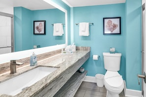 Secadora de cabello, toallas, jabón, papel de baño