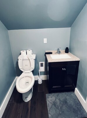 Shower, towels, soap, toilet paper