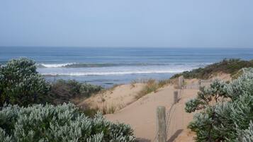 A coastal landscape with a sandy beach, vegetation, and a wooden fence.