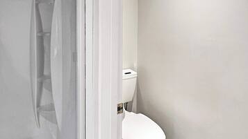 Chuveiro, secador de cabelo, toalhas de banho