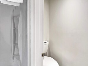 Chuveiro, secador de cabelo, toalhas de banho 