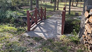 A wooden bridge in a park with trees and a pile of logs.