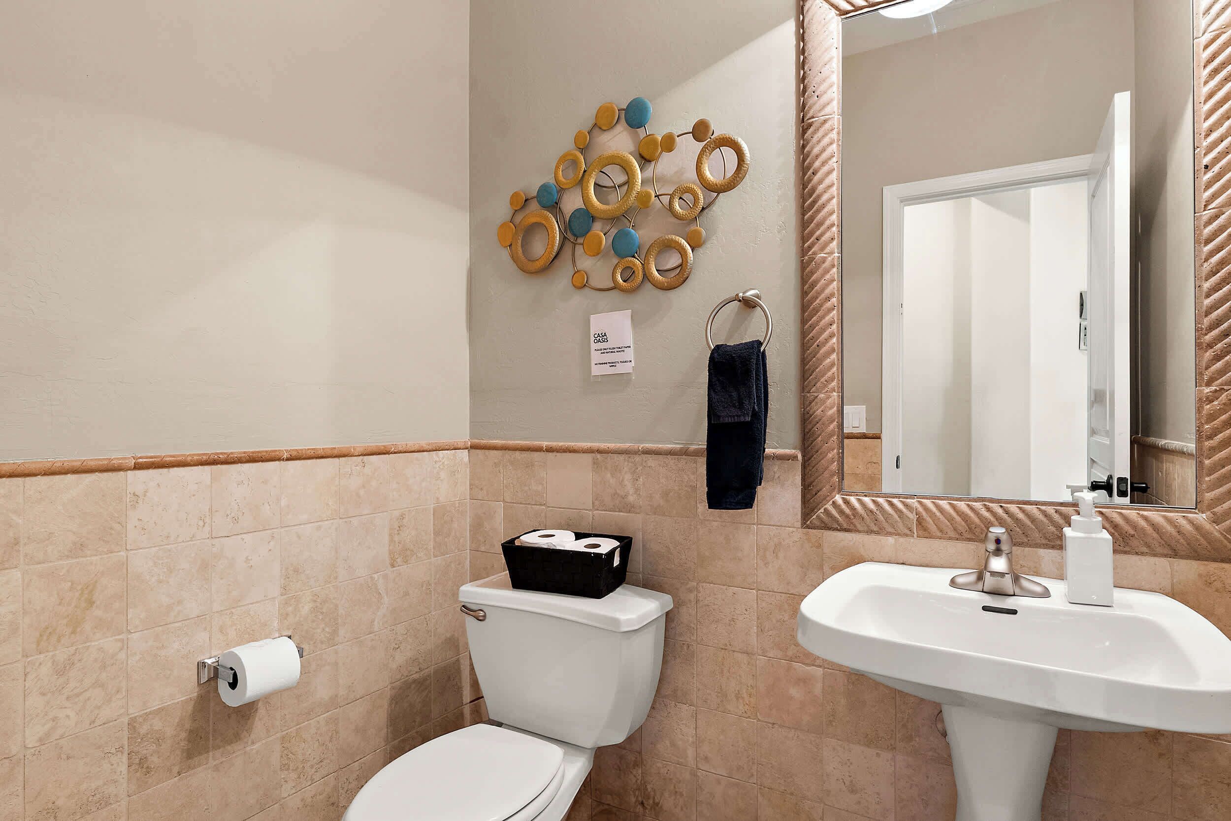 A bathroom with a toilet, a sink, a mirror, and a decorative wall piece.