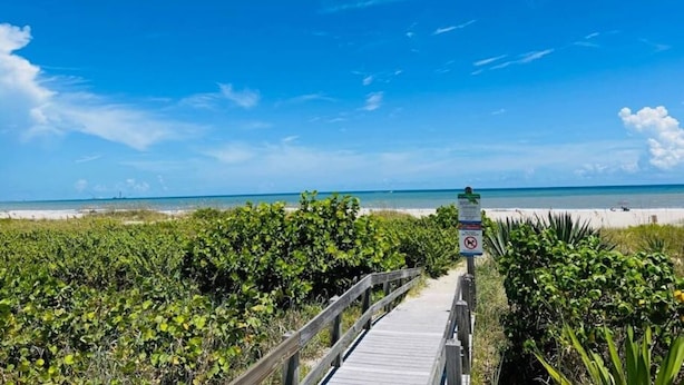 Ein hölzerner Steg führt zu einem Strand, der von blauem Himmel überdacht ist. Ein Schild weist zum Nichtrauchen hin.