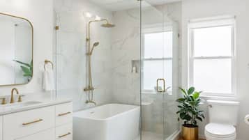 Hair dryer, bidet, towels, soap