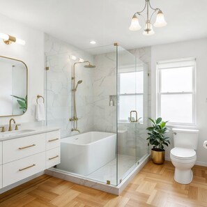 Hair dryer, bidet, towels, soap