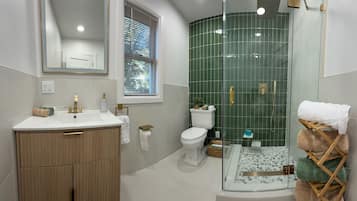 Regadera, secadora de cabello, bidet, jabón