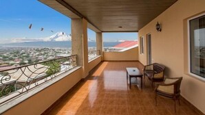 Een balkon met uitzicht op een besneeuwde berg en een stadsgezicht.