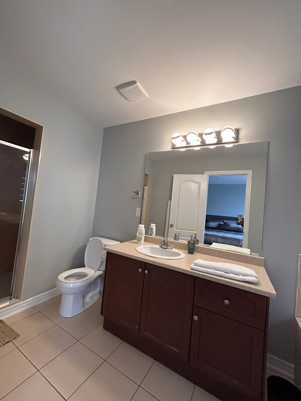 Une salle de bain équipée de toilettes, d’un lavabo, d’un meuble-lavabo et d’un miroir avec éclairage.