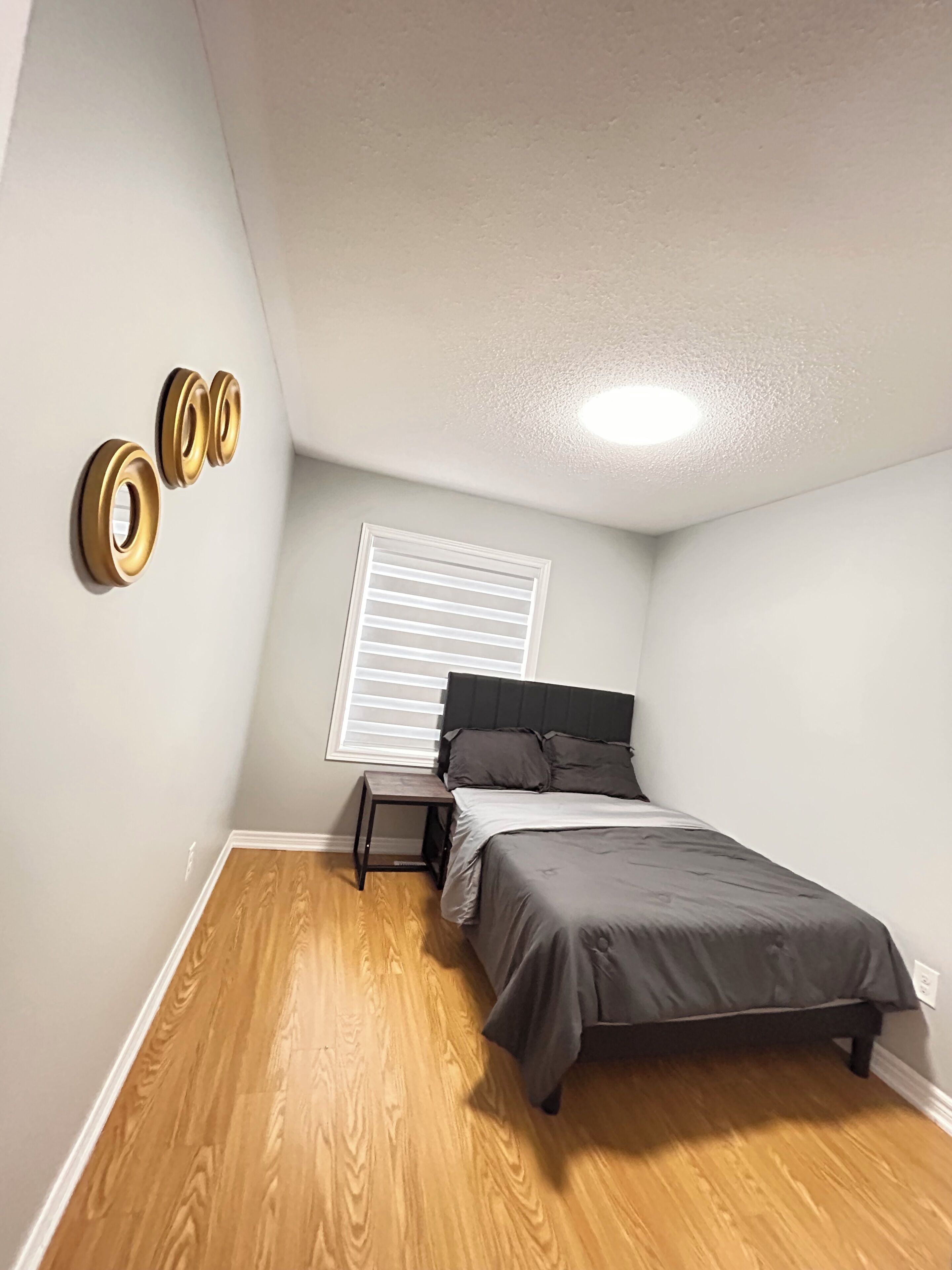 A bedroom with a bed, a nightstand, a window with blinds, and three wall-mounted circular objects.