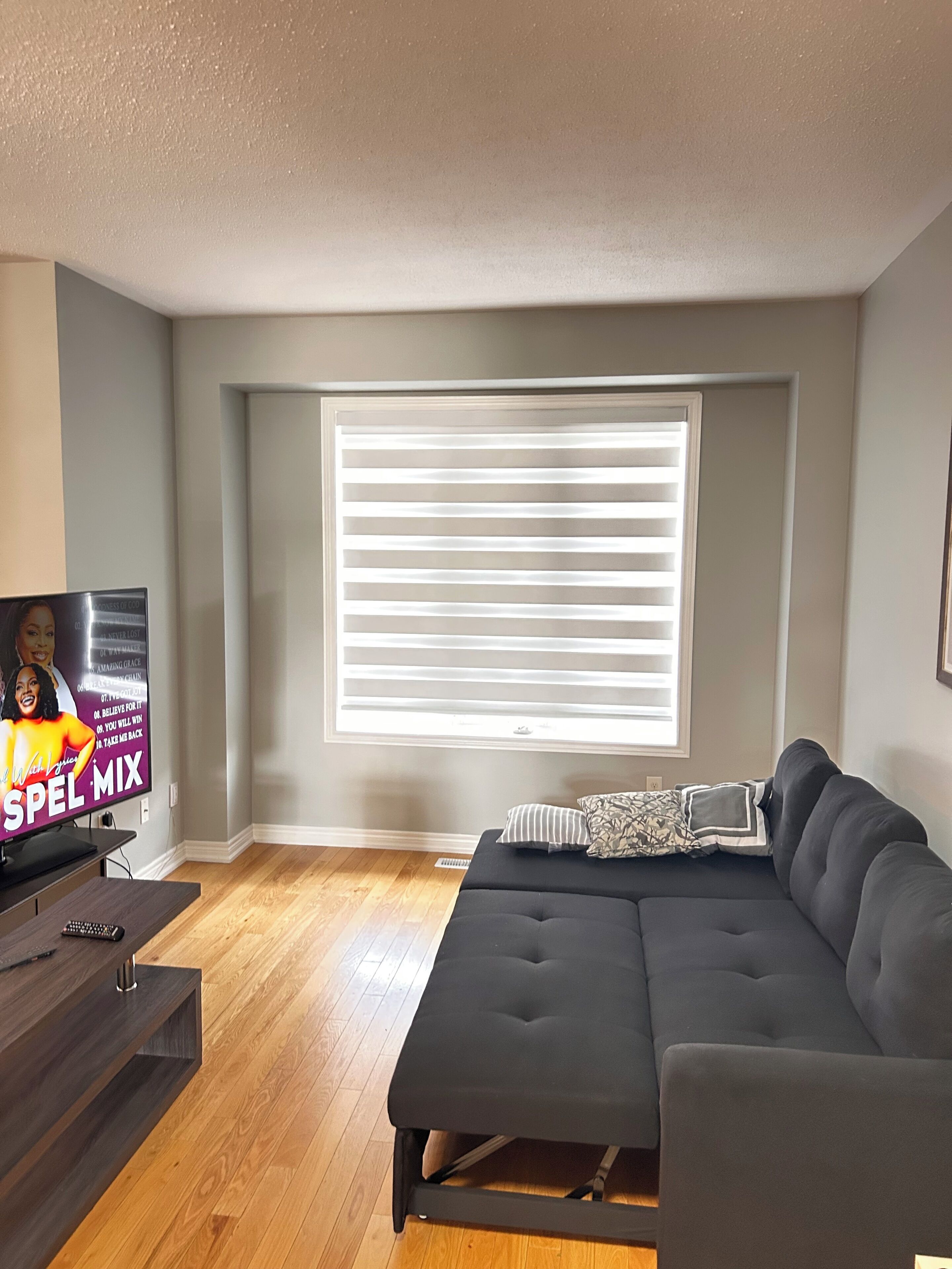 A living room with a dark sofa, a wooden coffee table, and a TV displaying a show.