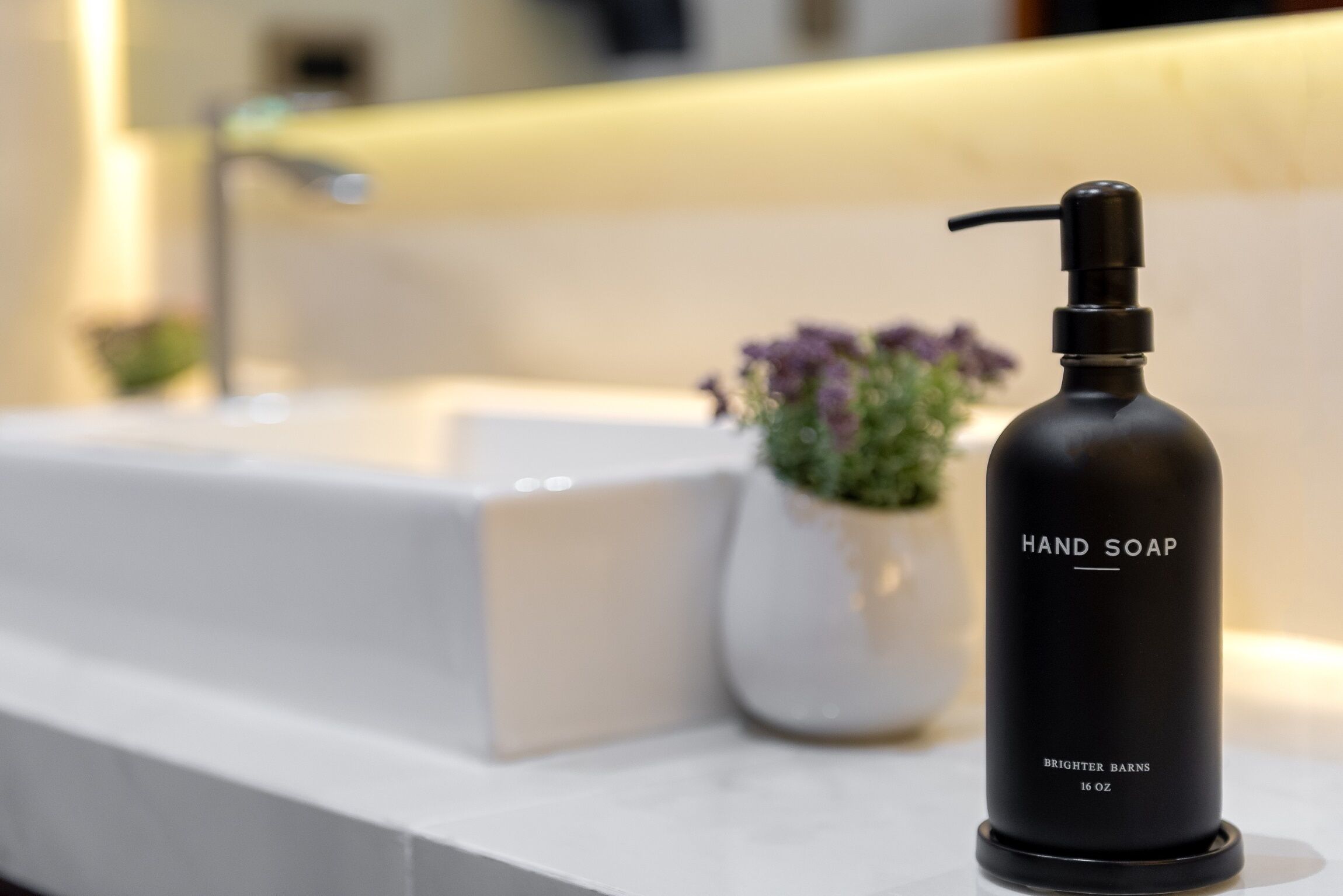 Dispensador de jabón para manos sobre una encimera de baño, con un lavamanos y una planta en maceta al fondo.