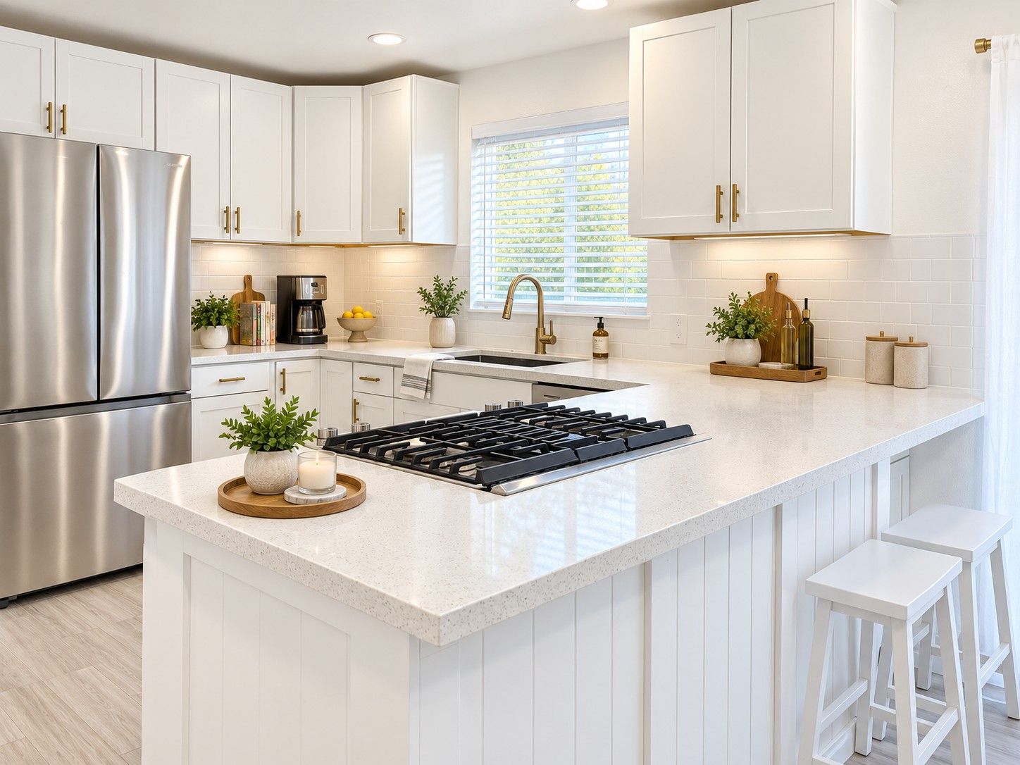 A modern kitchen with white cabinetry, stainless steel appliances, and a central island with stools.