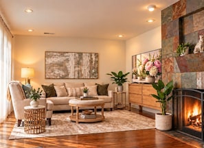 A cozy living room with a sofa, coffee table, and fireplace. - The Guest House - Newly Remodeled (Lynnwood)
