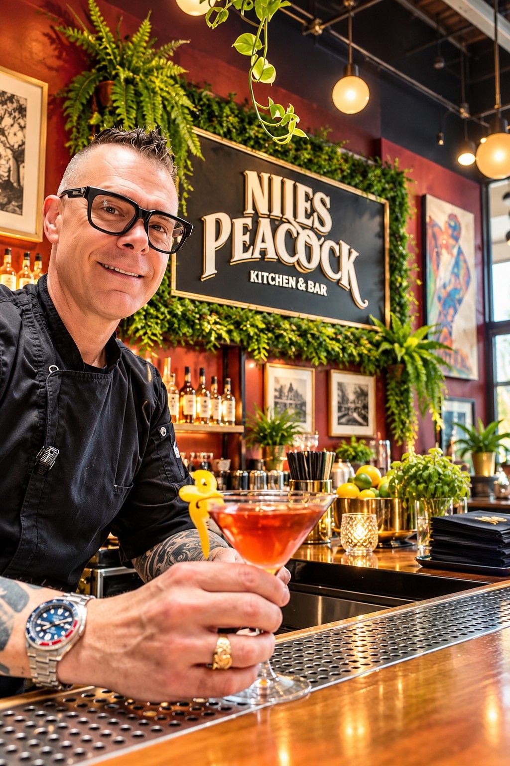 A bartender at Niles Peacock Kitchen & Bar holding a cocktail.