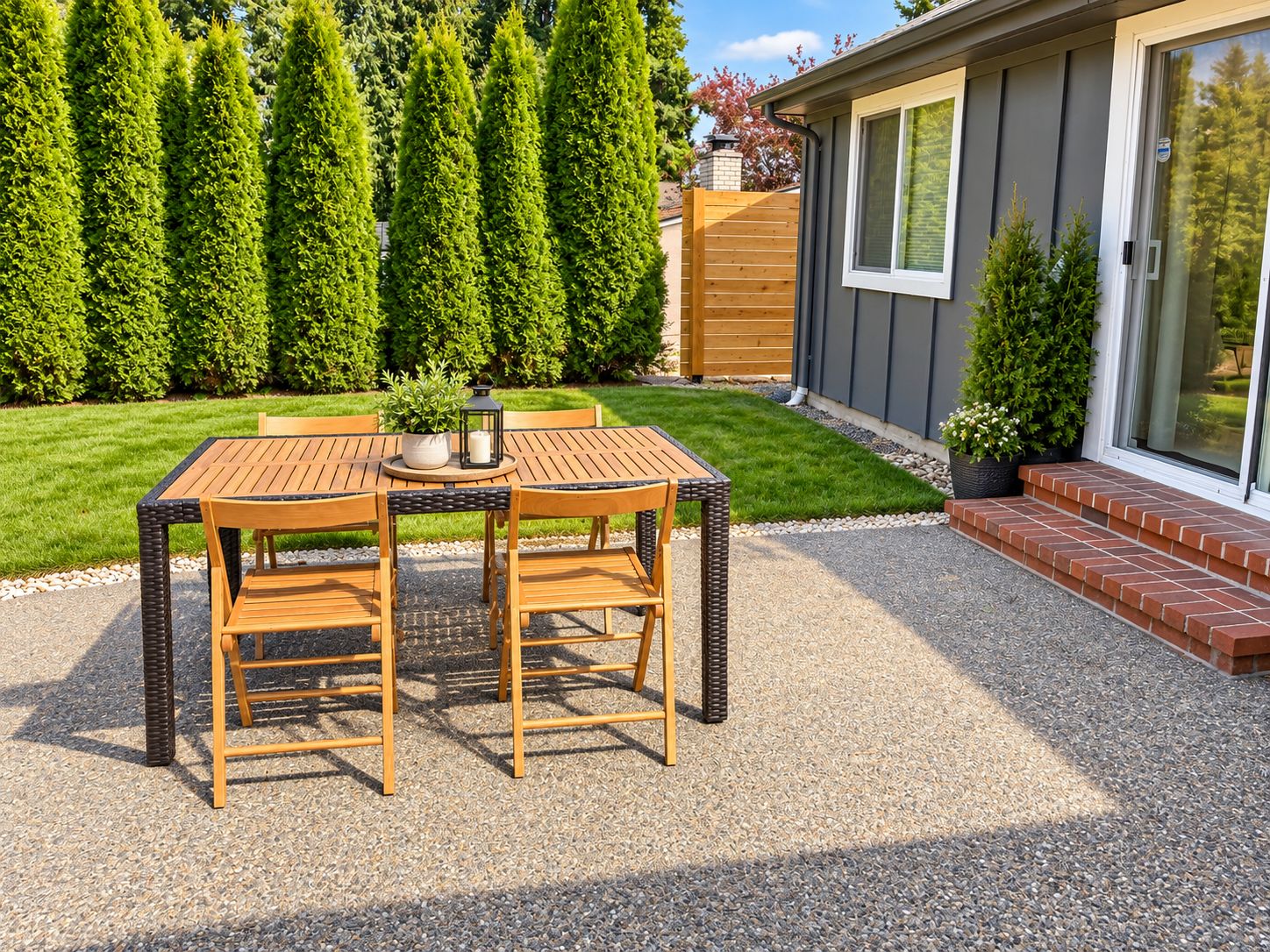 Un patio al aire libre con mesa y sillas, rodeado por un césped cuidado y árboles altos.
