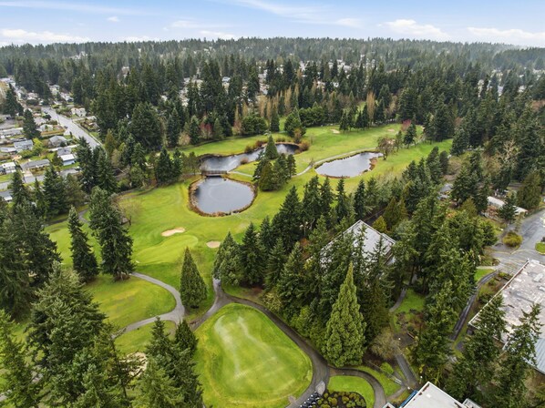 Vista aèria d'un camp de golf amb diverses basses, envoltat per un bosc dens i zones residencials.