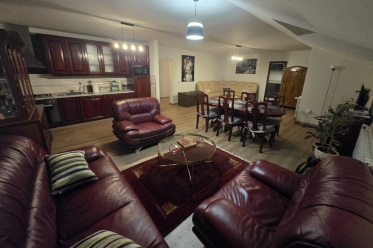 Una sala de estar con un sofá de cuero rojo, una mesa de comedor con sillas, una zona de cocina con armarios de madera y una lámpara de techo.
