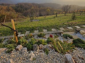 A garden with a stone pathway, various plants, and a wooden fence. - Villa Bella Vista (Ivanec)