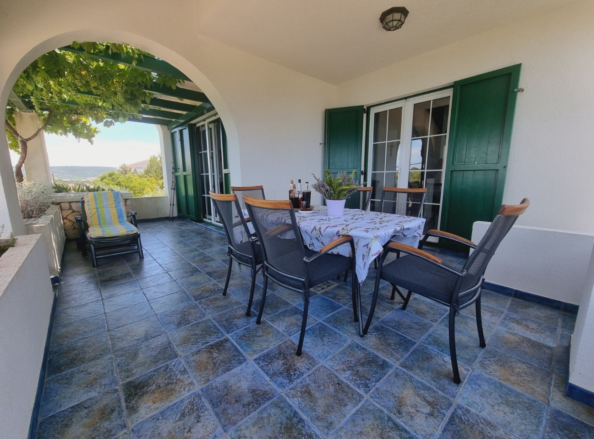 An outdoor patio with a table and chairs, a potted plant, and a view of the landscape.