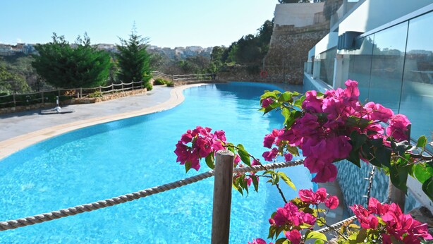 Ein klares, blaues Schwimmbecken mit Holzzaun und rosa Blumen im Vordergrund.