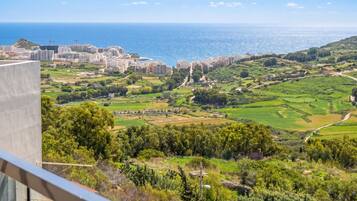 Paesaggio costiero con edifici, campi verdi e vista sul mare.