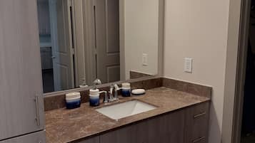 Hair dryer, towels, soap, toilet paper