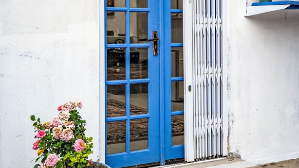 Een wit gebouw met een blauwe deur, een groene mat en planten in potten.