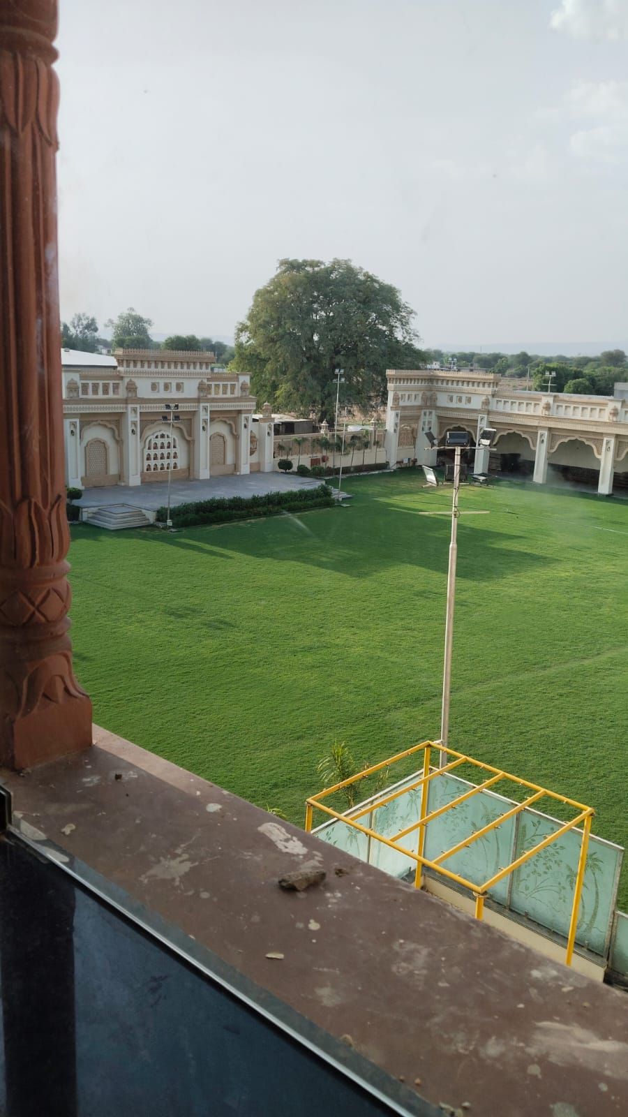 A view of a courtyard with a green lawn, a large tree, and a building with arches in the background.