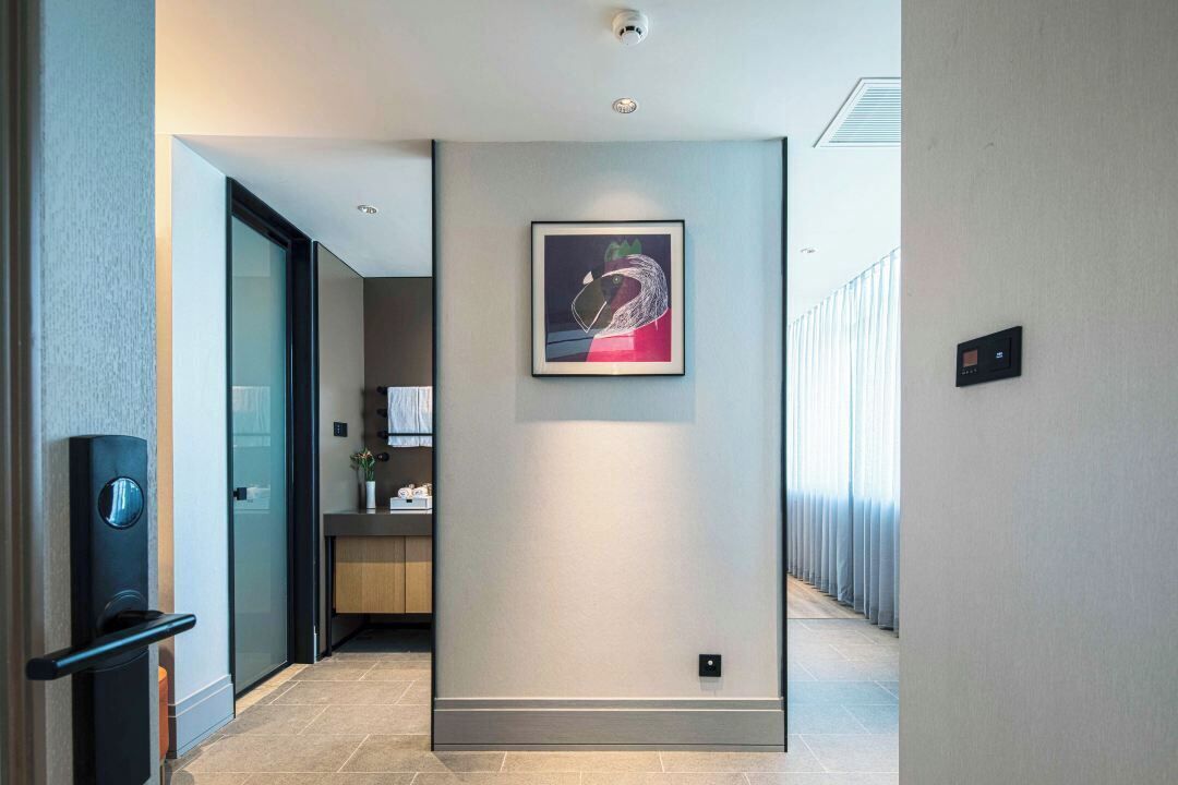 A modern hallway with a framed artwork on the wall, a door with a handle, and a light switch.