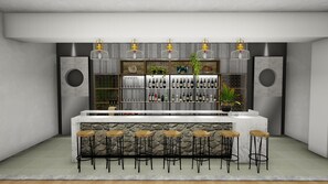 A bar area with a marble countertop, stone stools, and a wine display. - S By Z Hotels HSR (Bengaluru)
