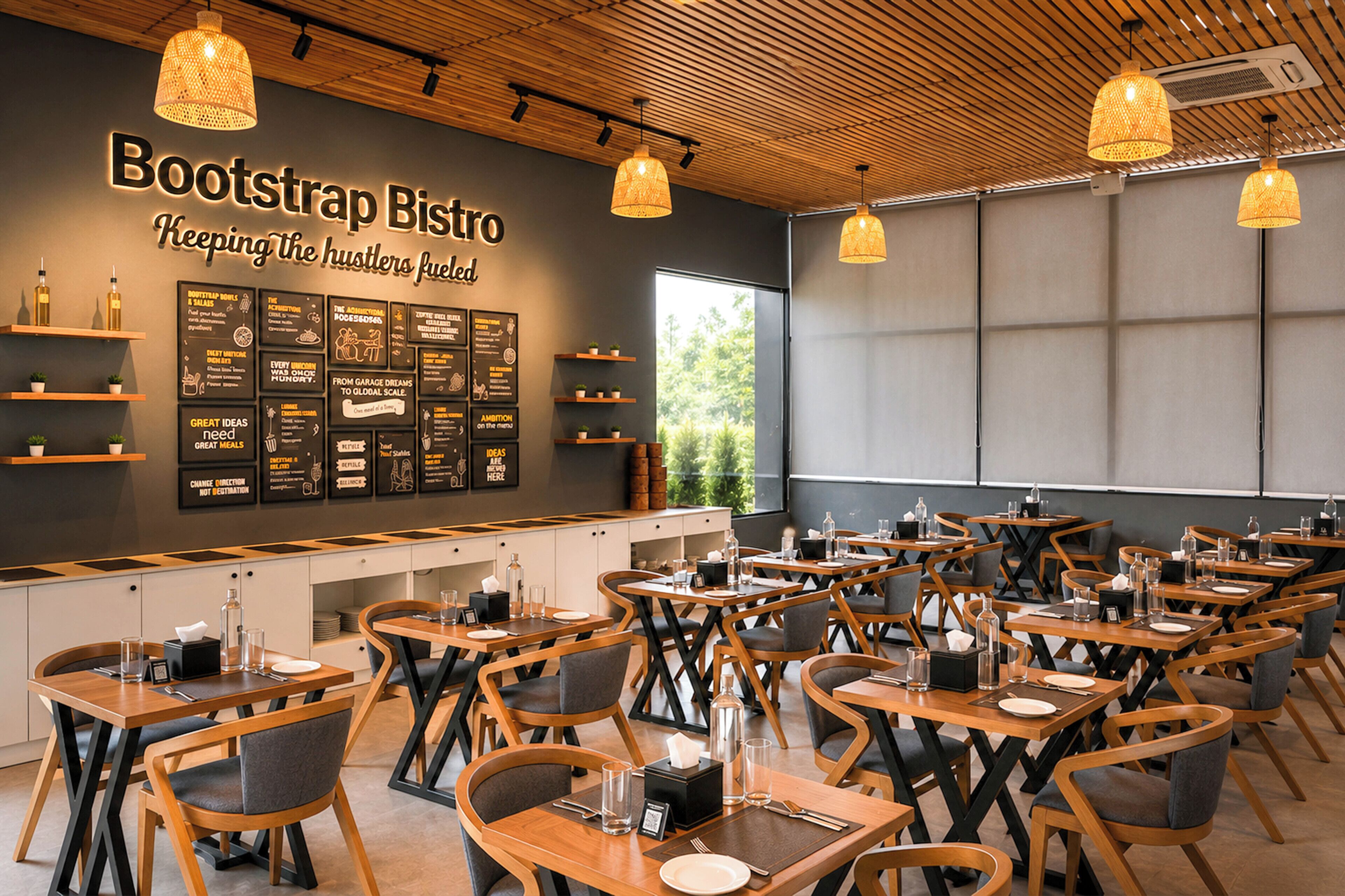 Interior de restaurante com várias mesas e cadeiras, parede com quadros de menu e luminárias pendentes.