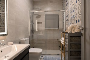 Bañera con ducha, secador de pelo, toallas, jabón