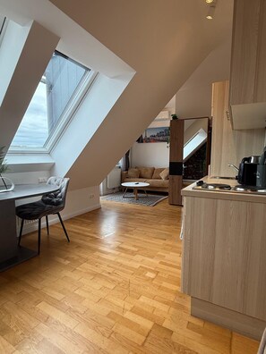 Basic-Apartment | Eigene Küche | Kühlschrank, Ofen, Herdplatte, Geschirrspüler