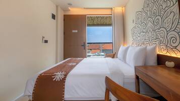 Superior Double Room, Pool View | Desk, laptop workspace, WiFi (free), bed sheets