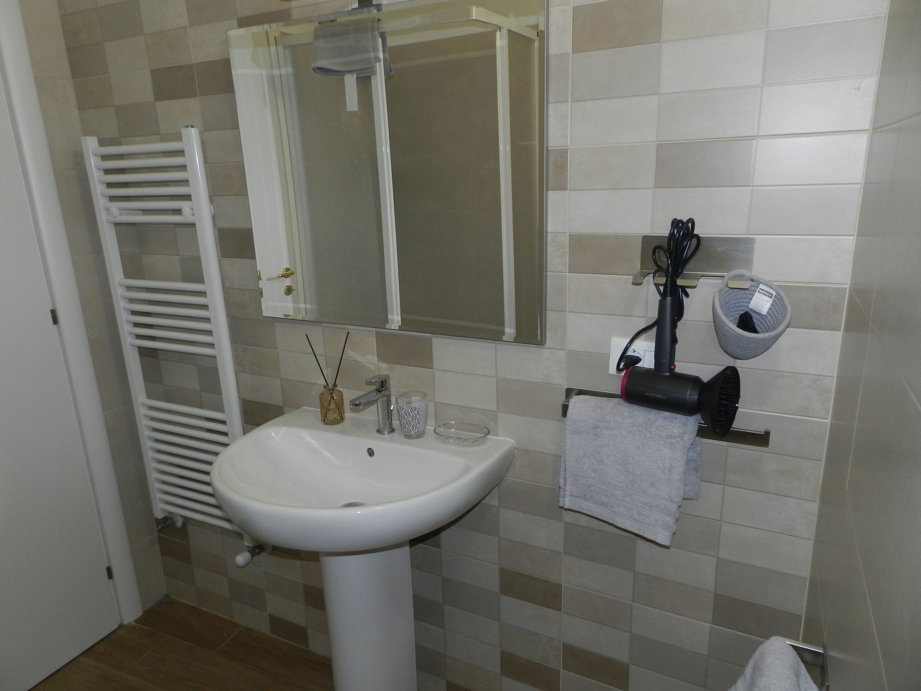 Shower, hair dryer, bidet, towels