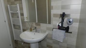 Shower, hair dryer, bidet, towels