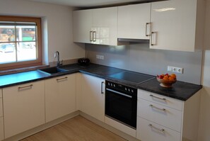 Fridge, microwave, oven, stovetop - Vacation apartment Kollerlehen, 50 m² for 1-4 persons, 2 bedrooms, shower/WC (Bischofswiesen)