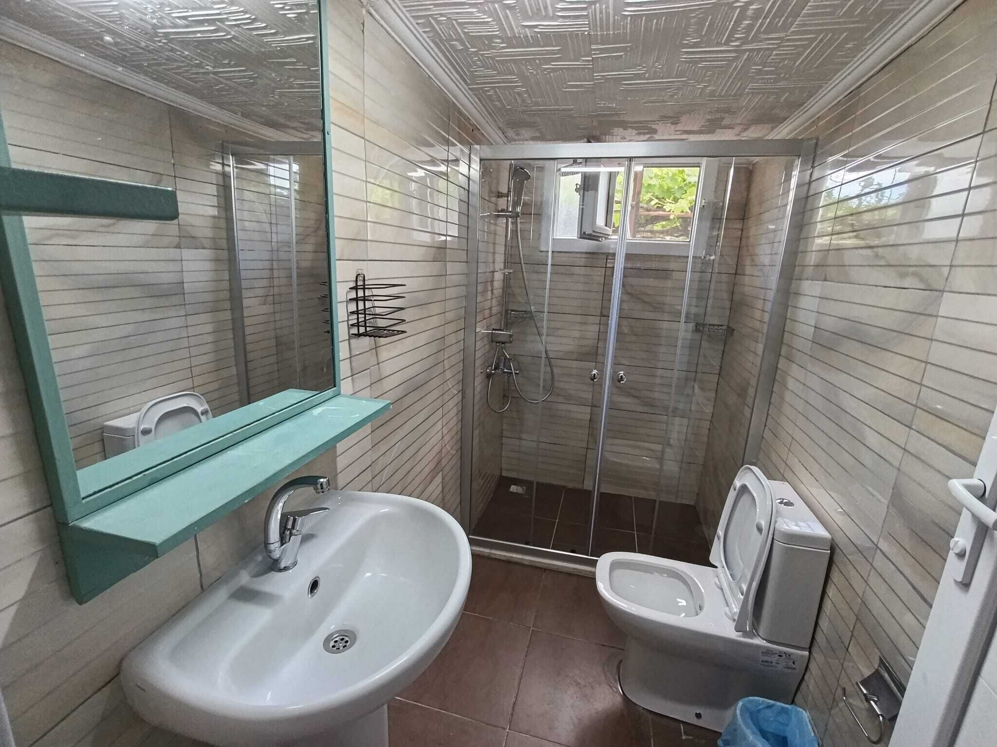 A bathroom with a sink, toilet, and shower stall.