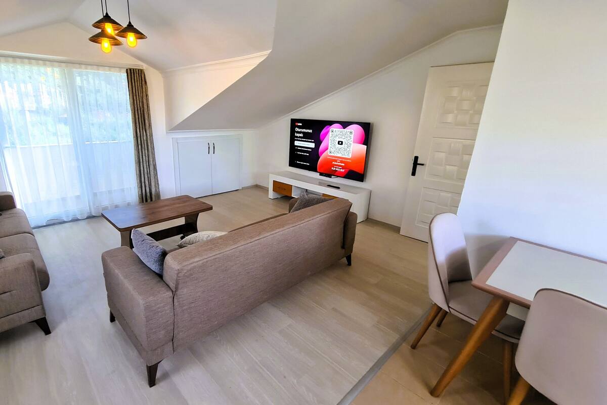 A modern living room with a sofa, a coffee table, and a TV.