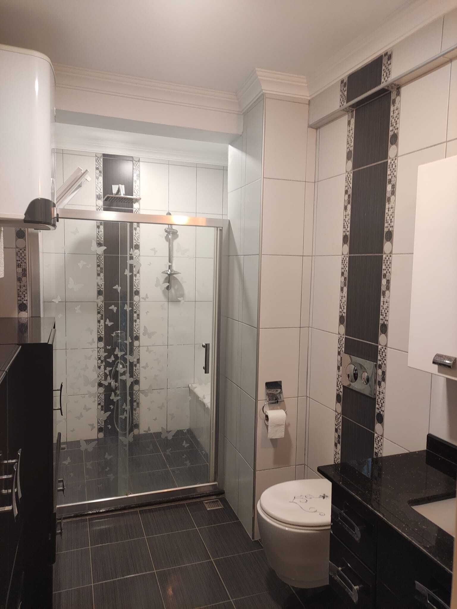 Een badkamer met een douchecabine van glas, een toilet en een wastafel.