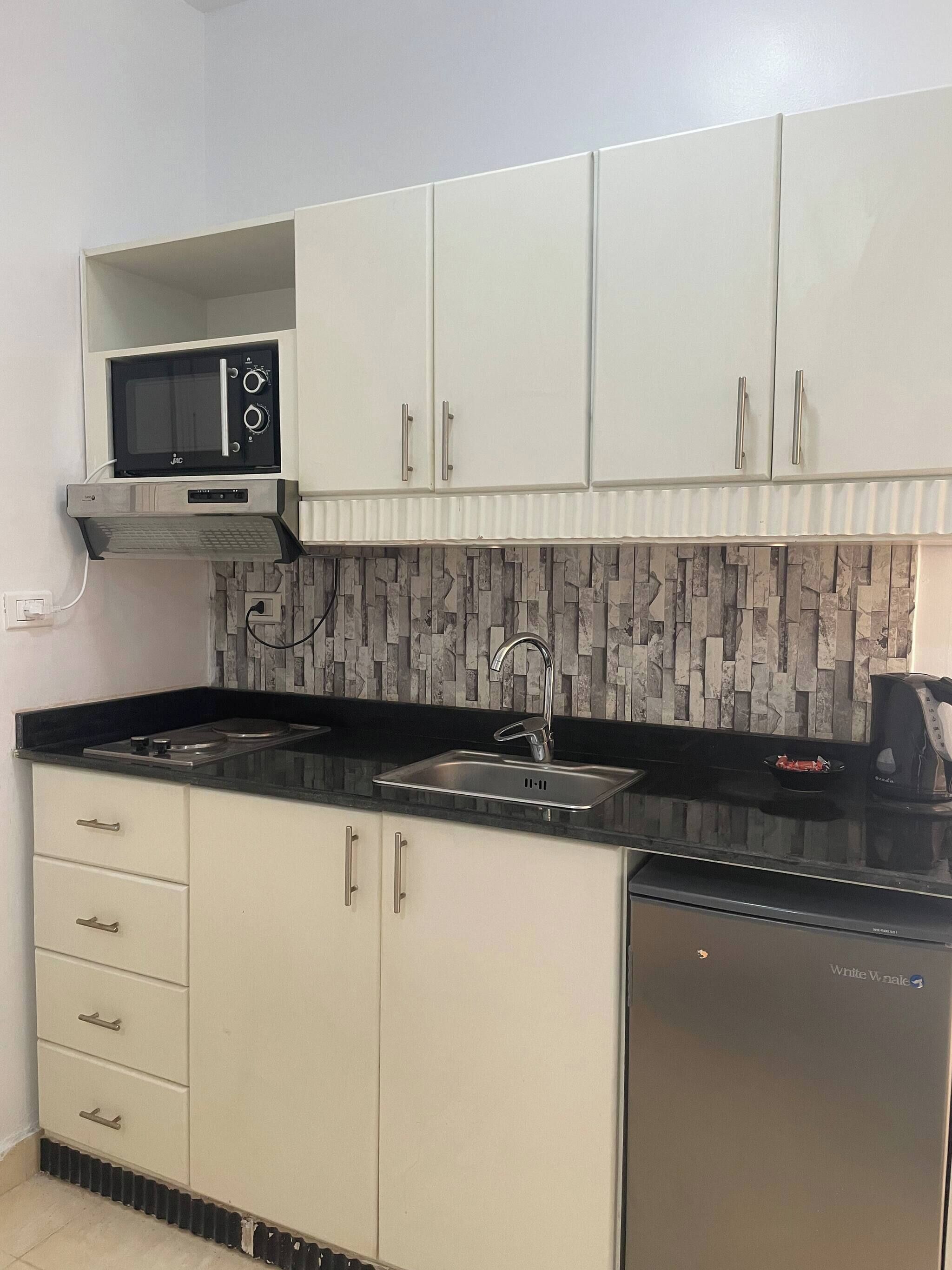 Kühlschrank, Mikrowelle, Herdplatte, Kochgeschirr/Geschirr/Besteck