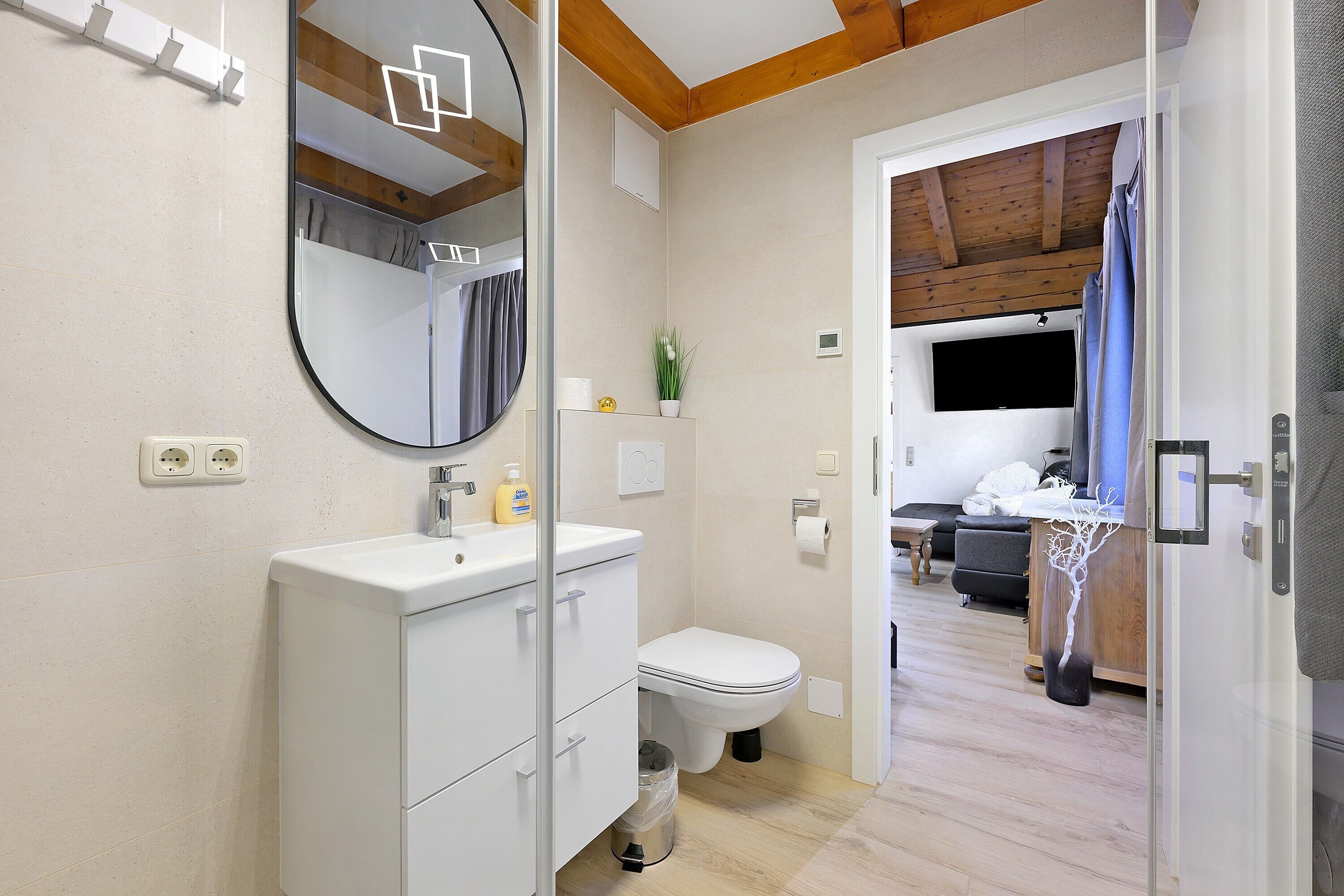 Shower, hair dryer, towels