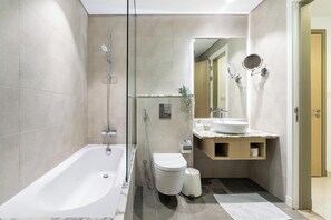 Hair dryer, towels, soap, toilet paper - Elegant 1BR Apartment, Rooftop 360° Infinity Pool with Burj Views (Dubai)