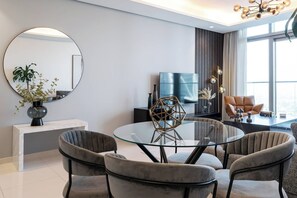 Dining - Elegant 1BR Apartment, Rooftop 360° Infinity Pool with Burj Views (Dubai)