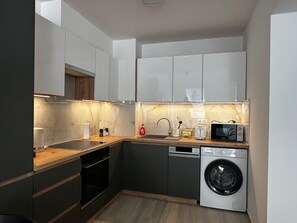 Superior Studio | Private kitchen | Fridge, microwave, stovetop, dishwasher
