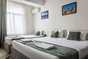 Habitación de hotel con dos camas, un cuadro de paisaje urbano, un equipo de aire acondicionado y vistas a un paisaje montañoso.