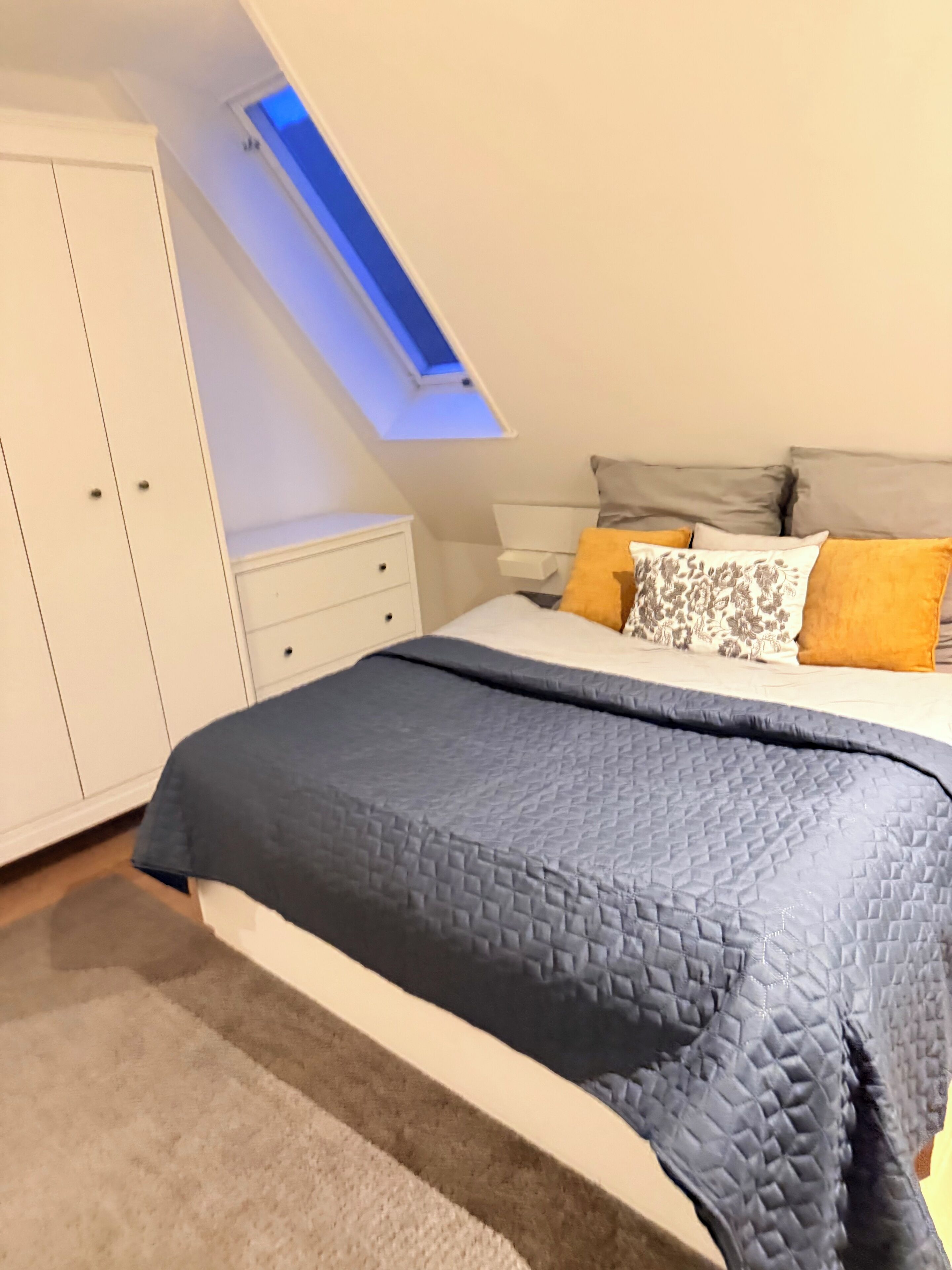 Un dormitorio con cama, mesita de noche, armario y tragaluz.